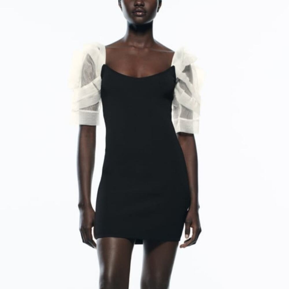ZARA Voluminous Balloon Organza Sleeve Mini Dress Knit Size Small